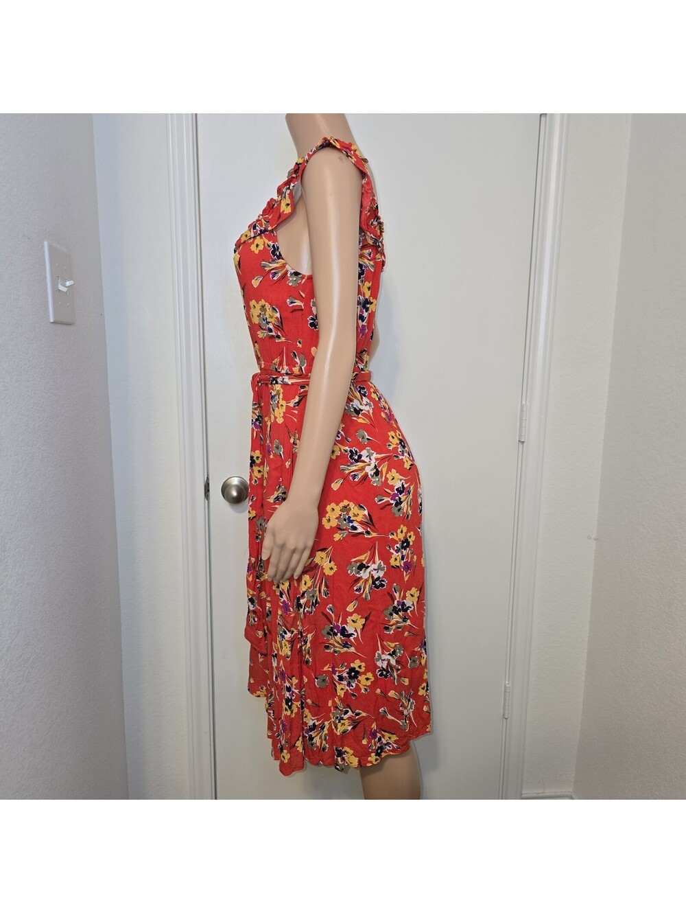 Anthropologie Conversations Dress Womens Small Red Floral Ruffle Midi US Sz 6 - Picture 4 of 11